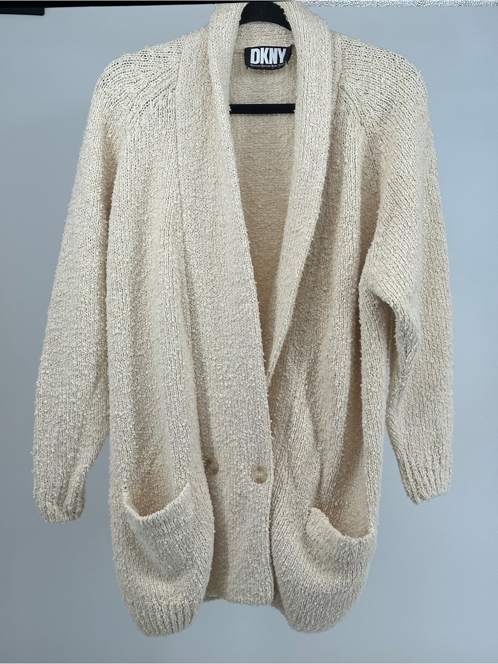 DKNY Small Cream Open-Shawl Collar Slub Knit Cardigan with Pockets Oversized Fit